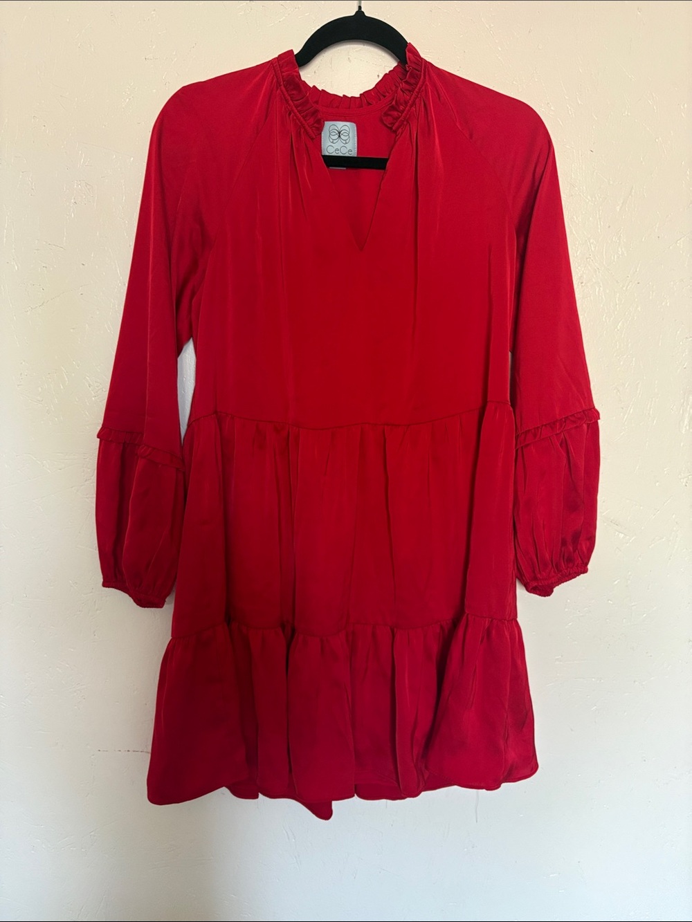 CeCe Red Tiered Ruffle-Neck Mini Dress